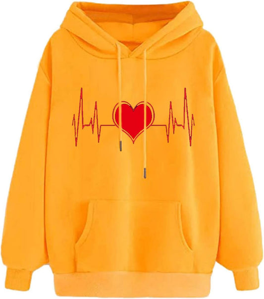 Women'S Fashion Hoodies Tops, Fall Comfy Casual Heart Print Long Sleeve Athletic Pullover Sweatshirt for Ladies