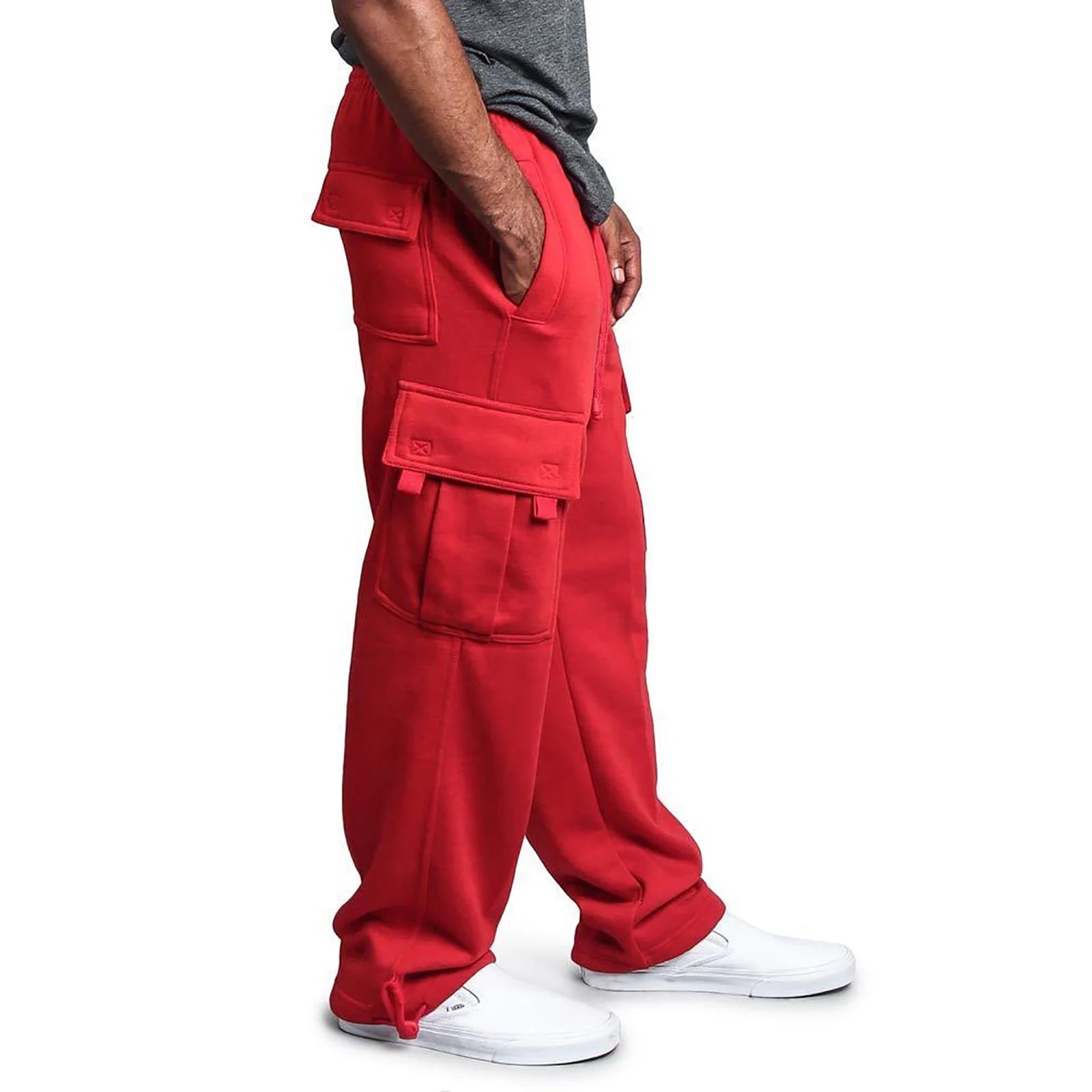 Mens Cargo Pants with Pockets- Drawstring Stretchrise Solid Pocket Trousers Loose Movement Red