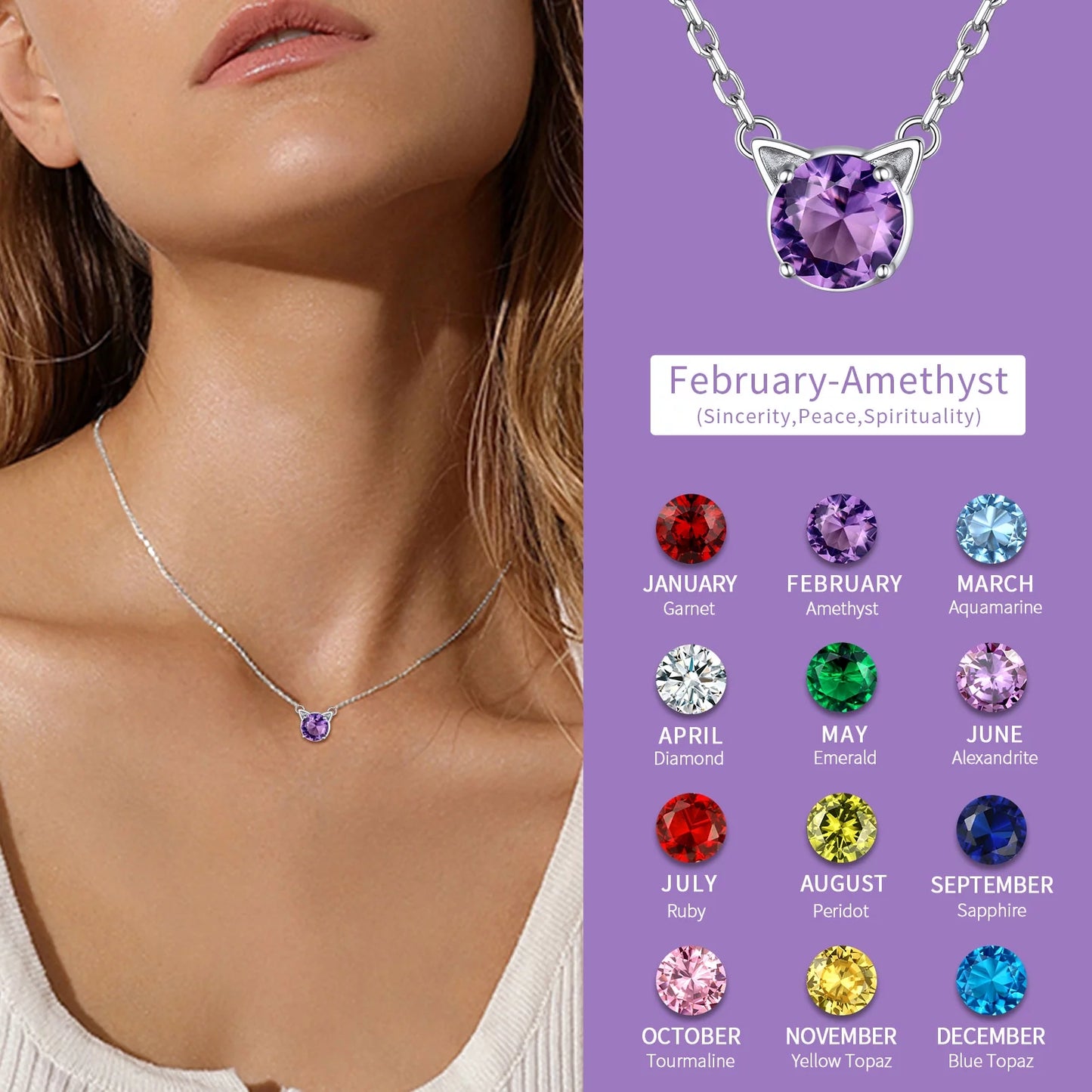 925 Sterling Silver Cat Necklace Cute Cat Jewelry round Amethyst Pendant Necklace February Birthstone for Cat Lovers | Clearance