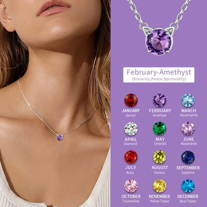 925 Sterling Silver Cat Necklace Cute Cat Jewelry round Amethyst Pendant Necklace February Birthstone for Cat Lovers | Clearance