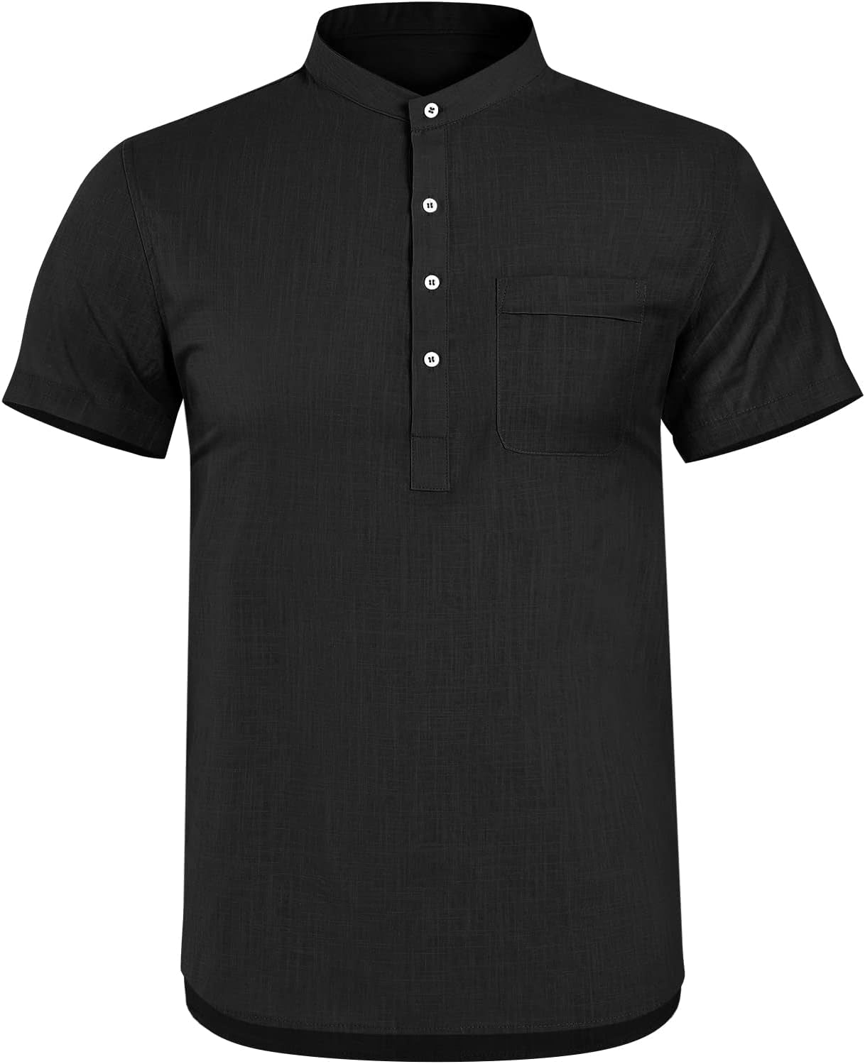 Men'S Linen Henley Shirt Short Sleeve Casual Summer Beach Plain Button Up, Black, X-Large