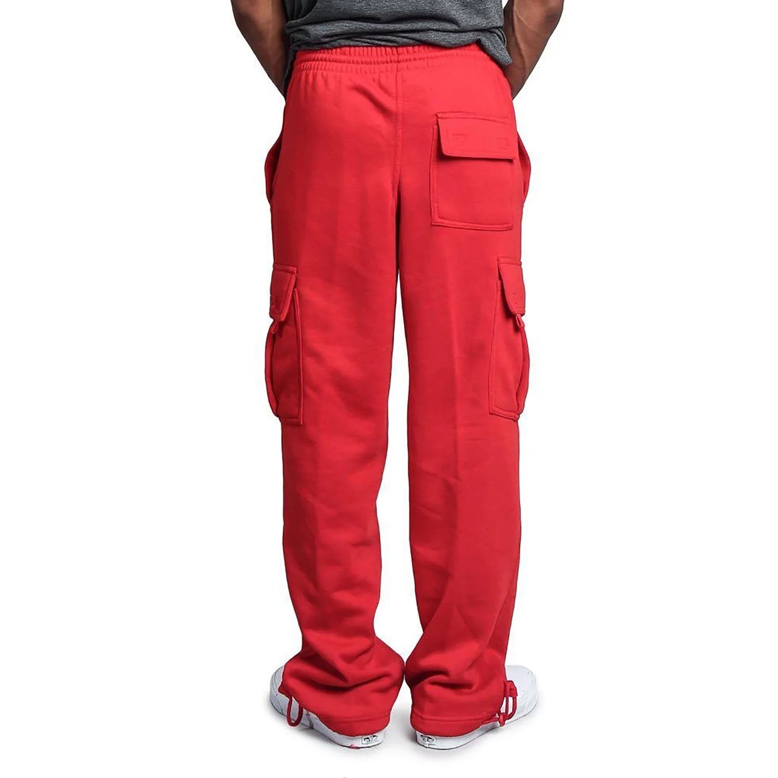 Mens Cargo Pants with Pockets- Drawstring Stretchrise Solid Pocket Trousers Loose Movement Red