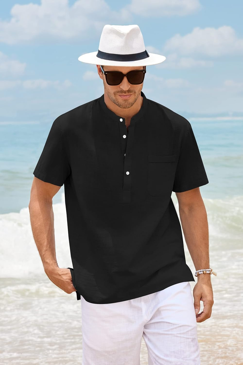 Men'S Linen Henley Shirt Short Sleeve Casual Summer Beach Plain Button Up, Black, X-Large