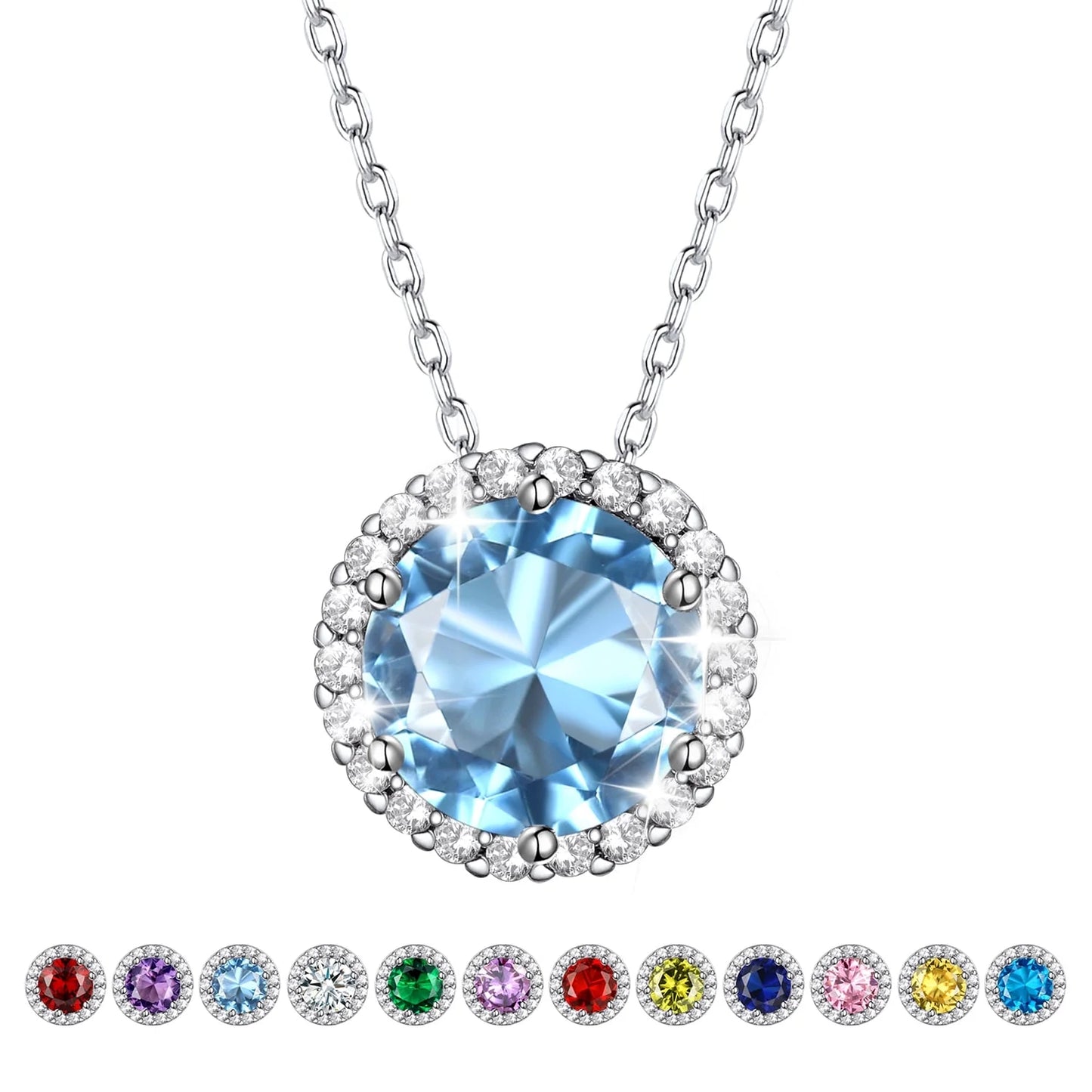 Birthstone Necklace for Women 925 Sterling Silver Necklaces March round Blue Aquamarine Crystal Pendant Necklace Gifts