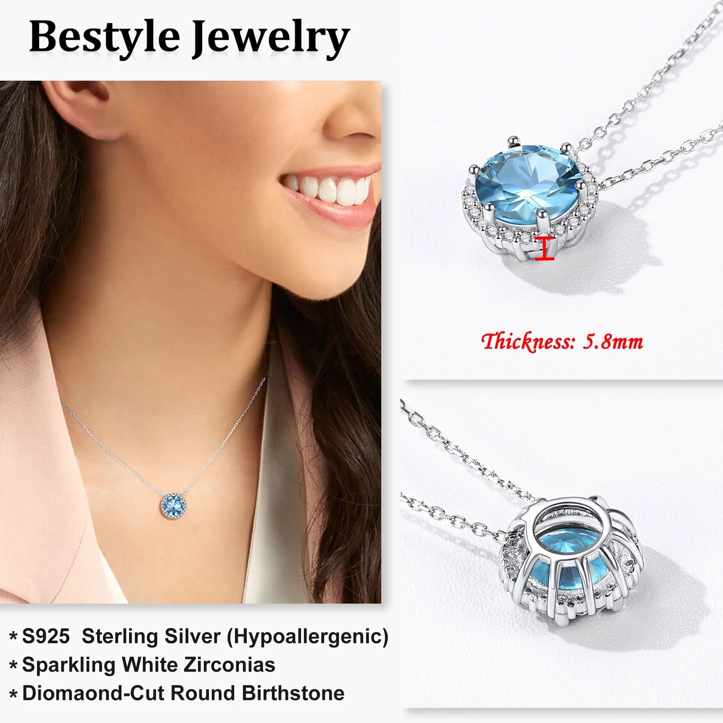 Birthstone Necklace for Women 925 Sterling Silver Necklaces March round Blue Aquamarine Crystal Pendant Necklace Gifts