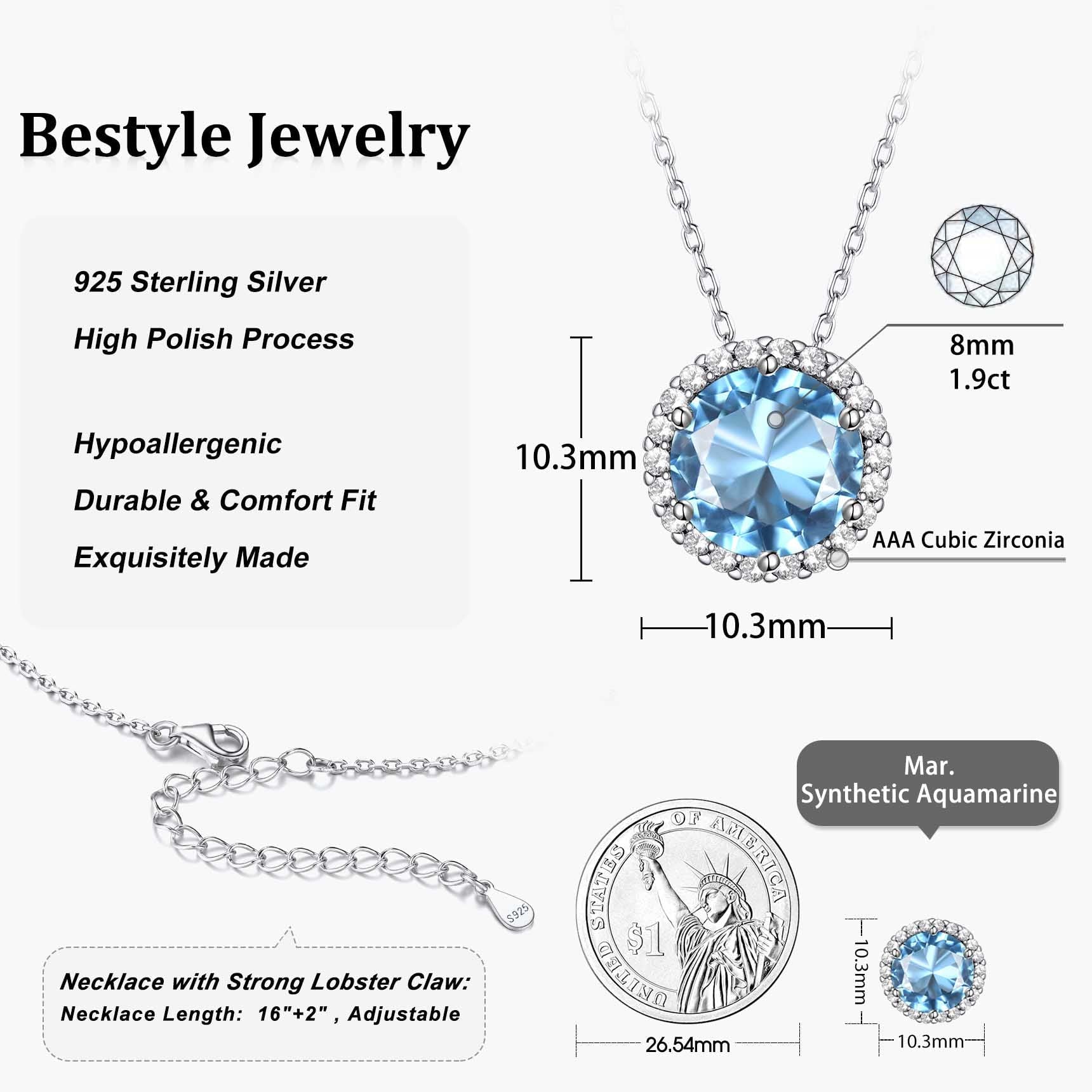 Birthstone Necklace for Women 925 Sterling Silver Necklaces March round Blue Aquamarine Crystal Pendant Necklace Gifts