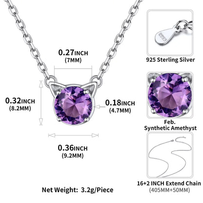 925 Sterling Silver Cat Necklace Cute Cat Jewelry round Amethyst Pendant Necklace February Birthstone for Cat Lovers | Clearance