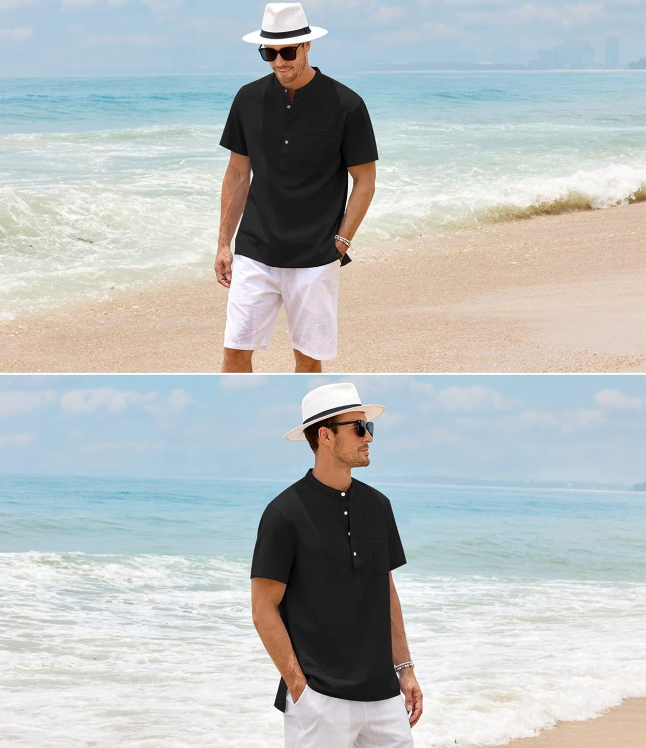 Men'S Linen Henley Shirt Short Sleeve Casual Summer Beach Plain Button Up, Black, X-Large