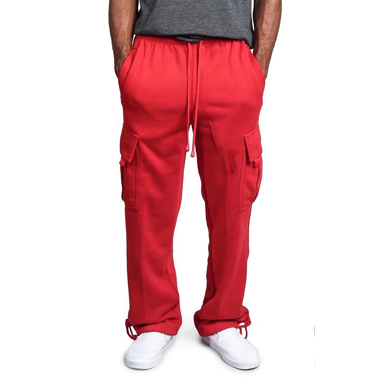 Mens Cargo Pants with Pockets- Drawstring Stretchrise Solid Pocket Trousers Loose Movement Red