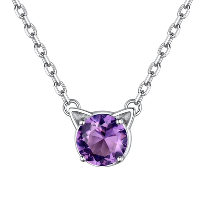 925 Sterling Silver Cat Necklace Cute Cat Jewelry round Amethyst Pendant Necklace February Birthstone for Cat Lovers | Clearance