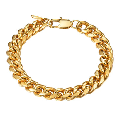 Cuban Link 10MM Wide 18K Gold Chain Bracelets Punk Mens Women Jewelry Gift, 19" Length