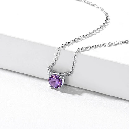 925 Sterling Silver Cat Necklace Cute Cat Jewelry round Amethyst Pendant Necklace February Birthstone for Cat Lovers | Clearance