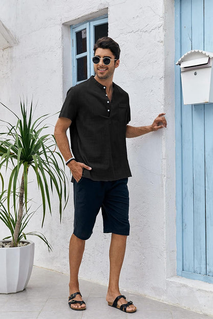 Men'S Linen Henley Shirt Short Sleeve Casual Summer Beach Plain Button Up, Black, X-Large