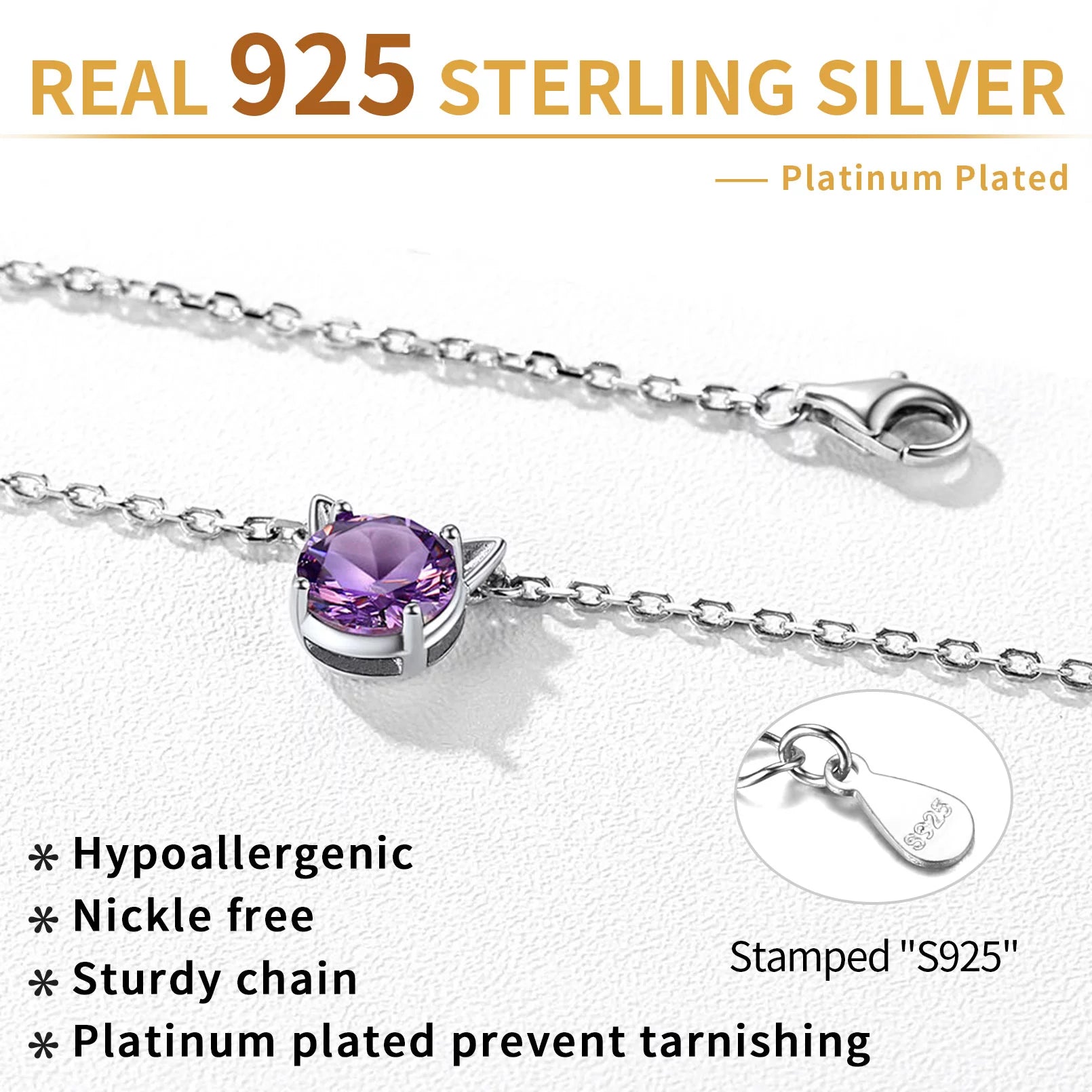 925 Sterling Silver Cat Necklace Cute Cat Jewelry round Amethyst Pendant Necklace February Birthstone for Cat Lovers | Clearance