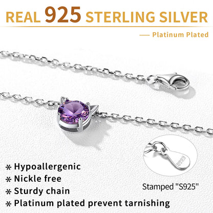 925 Sterling Silver Cat Necklace Cute Cat Jewelry round Amethyst Pendant Necklace February Birthstone for Cat Lovers | Clearance