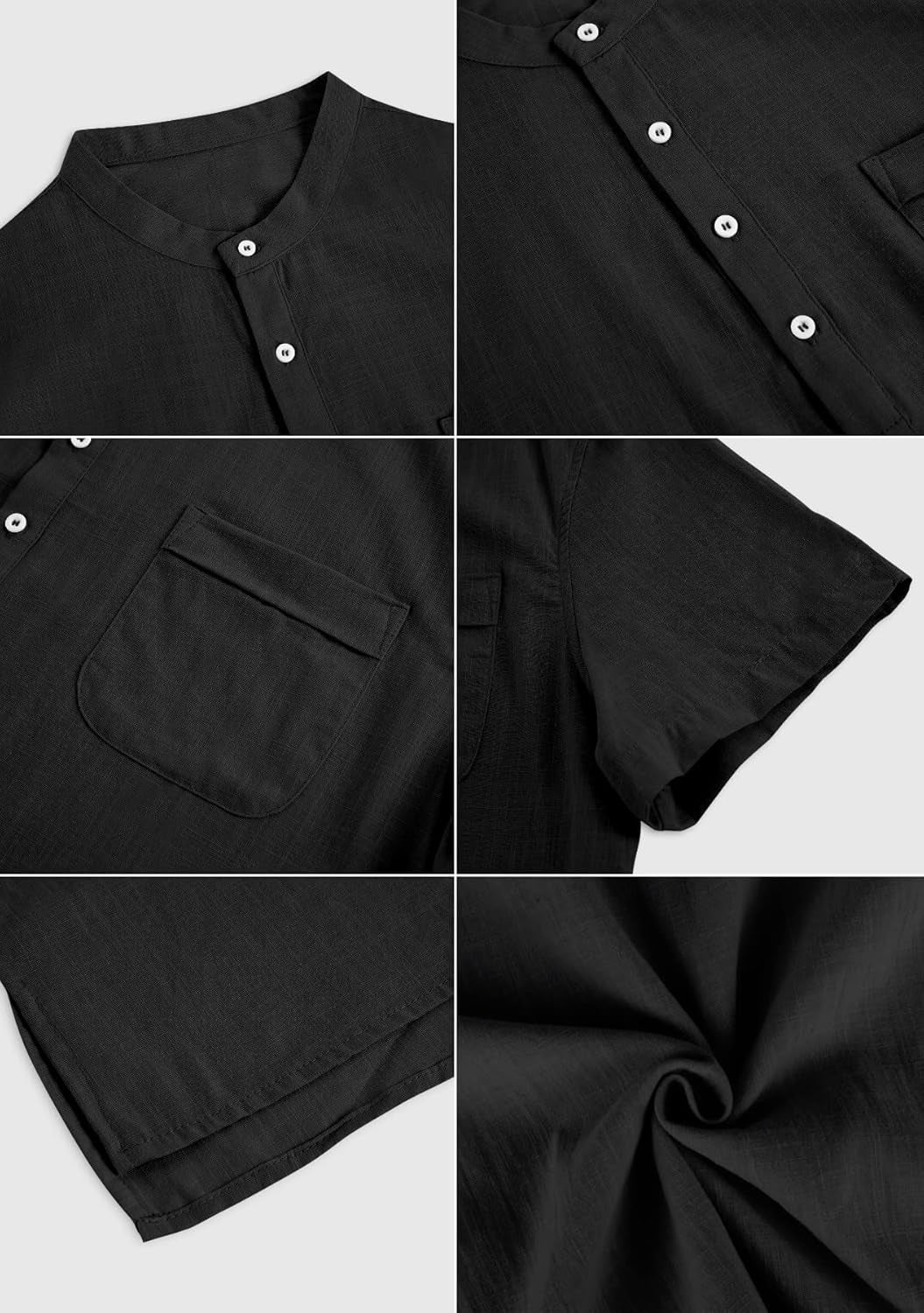 Men'S Linen Henley Shirt Short Sleeve Casual Summer Beach Plain Button Up, Black, X-Large